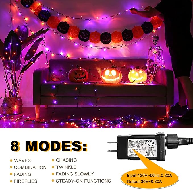 weillsnow 164FT 500 LED Halloween Lights 8 Modes Waterproof Plug in String Lights for Halloween Indoor Outdoor Yard Party Wedding Garden Home Decorations (Purple &amp Orange)