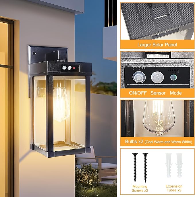2 Pack Solar Wall Lights Outdoor Waterproof with 3 Lighting Modes &amp Motion Sensor Dusk to Dawn Exterior Porch Light fixtures Solar Wall Lantern Fixture for Garage Porch Yard Front Door