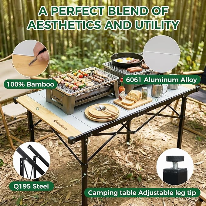 KingCamp Folding Camping Table Aluminum Roll-Up Camp Table Large Foldable Table for 4-6 Person Outdoor Portable Tables with Carry Bag 176 LBS Heavy Duty Load (Bamboo：40.16“x27.5”4-6 People)