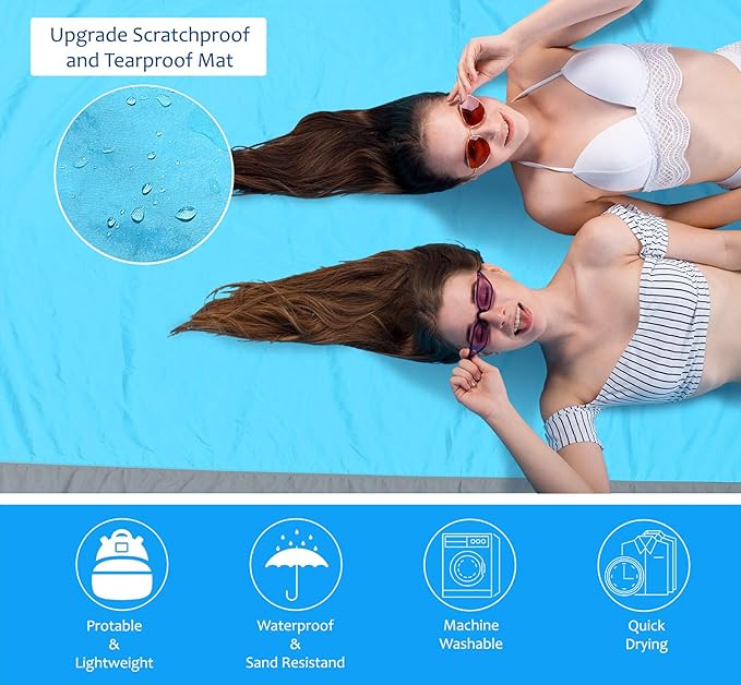 Beach Blanket Sandfree 10x9 ft Extra Large Size Waterproof Sandproof Travel Map for 7 Adults Outdoor Portable Accessories Camping Hiking Mat W/ 7 sand pockets 1 storage Pockets &amp Inflatable Pillo