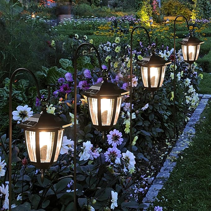 Dynaming 4 Pack Solar Hanging Lights Outdoor Solar Powered Garden Decorative Lanterns with 4 x 38 Inch Shepherd Hooks Waterproof Landscape Lighting for Lawn Patio Yard Pathway Driveway Warm White