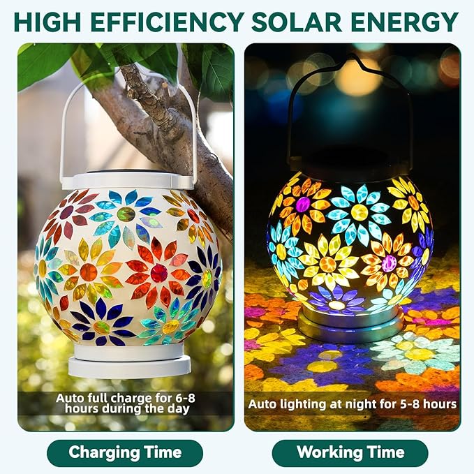 VOREEN Mosaic Solar Lanterns Handmade Outdoor Glass Hanging Lights Waterproof Solar Table Lamps Gift for Mom Wife Friend Decoration for Garden Patio Yard Party Balcony Floral Pattern