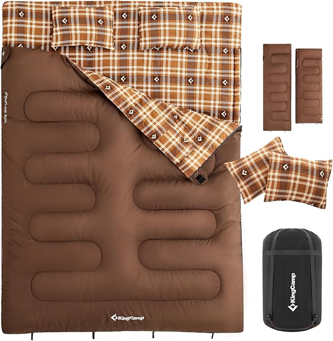 KingCamp Double Sleeping Bag for Adults Queen Size 2 Person XXL Flannel Sleeping Bag Waterproof Lightweight Flannel Quilt with 2 Pillows Perfect for Couples Family Camping Hiking