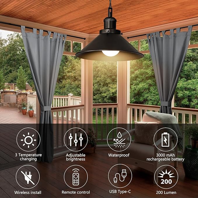 2 Pack Black Portable Battery Operated Hanging Lights Rechargeable Wireless Outdoor Pendant Light with Remote Battery Powered Chandelier Lantern Fixture for Indoor Outdoor Gazebo Porch Patio