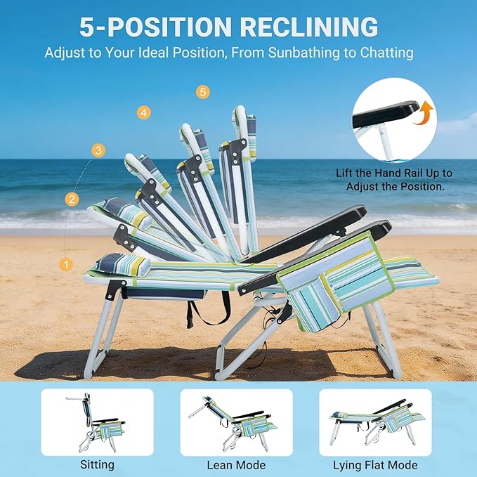Beach Chair for AdultsPortable 5 Position Backpack Beach Chair Reclining Lay Flat Lightweight Folding Camping Chair w/Large Cooler PouchSupport to 350LBSGreen Low Hight