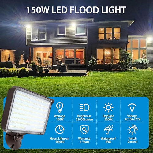150W LED Flood Light Outdoor Knuckle Switch Controlled Floodlight with Plate5000K 22000Lm IP65 Waterproof Outdoor Security Lights for Yard Garden GarageETL Listed