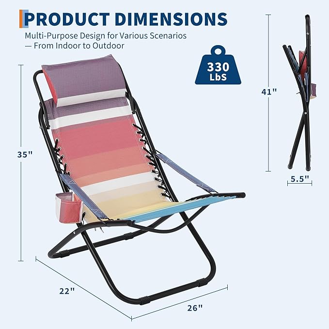 Camping Chair Portable Beach Chair with Headrest Heavy Duty Steel Frame Lightweight Portable Foldable Recliner for Outdoor Camp Travel Picnic Festival Hiking Backpacking