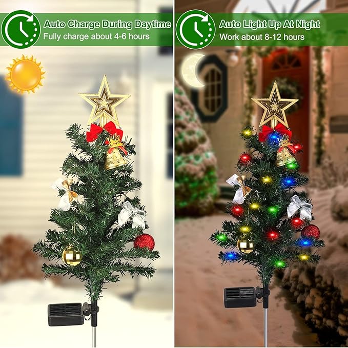 4 Pack Solar Christmas Decorations Tree Lights Upgraded Outdoor Solar Stake Decorative Lights Xmas Tree W/20 LED-RGB Lights IP65 Waterproof Dual Lighting Modesfor Garden Pathway Lawn Patio