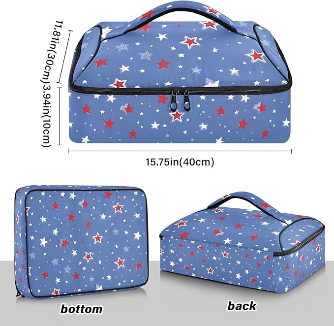Casserole Carrier Red Blue Stars PrintInsulated Casserole Carrier for Hot or Cold Food Thermal Lunch Tote for Potluck Parties Picnic Beach Fits 9 x 13 Inches Baking Dish
