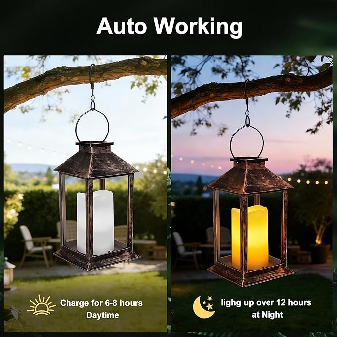2 Pack 14 Inch Solar Lanterns Outdoor Waterproof with Flickering Flameless Candles Outdoor Garden Hanging Lantern Decorative for Patio Front Porch Backyard Balcony Cabin Outside Table