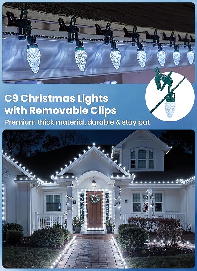 C9 LED Christmas Lights Outdoor 68 Feet 100 LED Strawberry String Lights with 100 Spring Clamps Commercial Grade Waterproof Extendable for Outside Roofline Patio Home Xmas Decoration Pure White