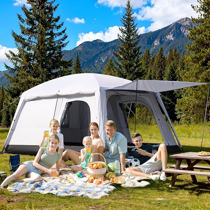 4-6 Person Camping Tent Large Family Cabin Tents with Porch &amp Rainfly Double Layer Waterproof Glamping Tent with 2 Rooms 2 Doors Portable Big Tents for Outdoor Camping Hiking Party