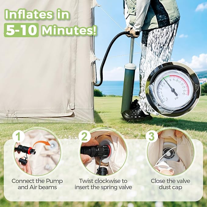 Glamcamp 4-6 Person Inflatable Tent - Quick Setup Air Tent with Stove Jack 420D Oxford (PU2000) 15cm Air Beams 2 Doors &amp Windows