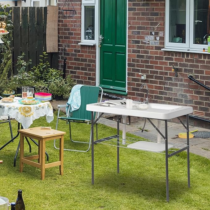 White Outdoor Sink Fish Cleaning Table Portable Camping Table with Faucet Hose Fish Fillet Camping Sink Table for Picnic Beach PatioPortable Folding Camping Fish Station with Foldable Faucet
