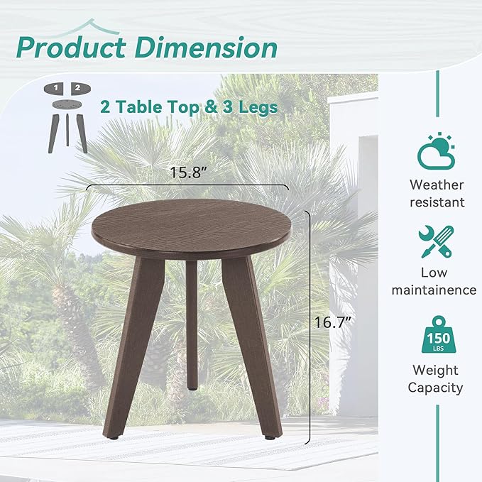 Outdoor Side Table HDPS Outdoor Table Small Round Side Table Weather-Resistant Outdoor Side Tables for Patio PorchDeckEnd Table for Plant Stand Dark Brown