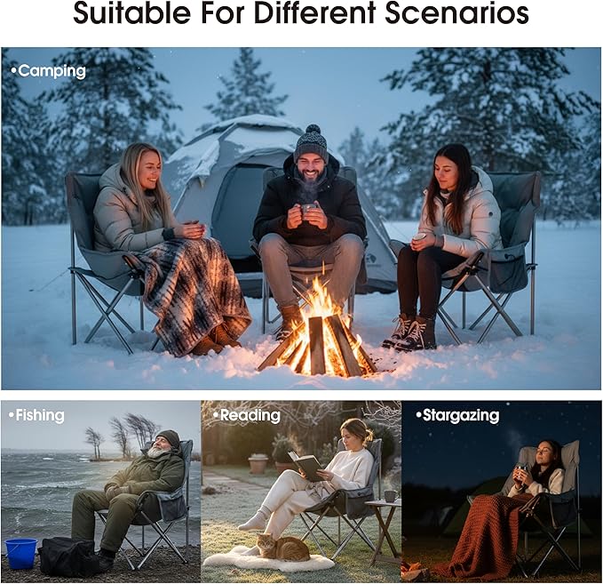 SunSettler Heated Camping Chair Oversized Heated Outdoor Chairs for Adults with 3 Heat Levels Portable Folding Padded Chair for Camp Lawn Sports (Battery NOT Included) (Grey Small)
