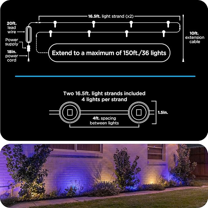 Enbrighten Vibe Eternity Landscape Lights 33ft 8 RGBWIC LEDs Weatherproof Perfect for Garden Pathway and Home Exterior Lighting Smart App Control Compatible with Alexa Google Home 83789