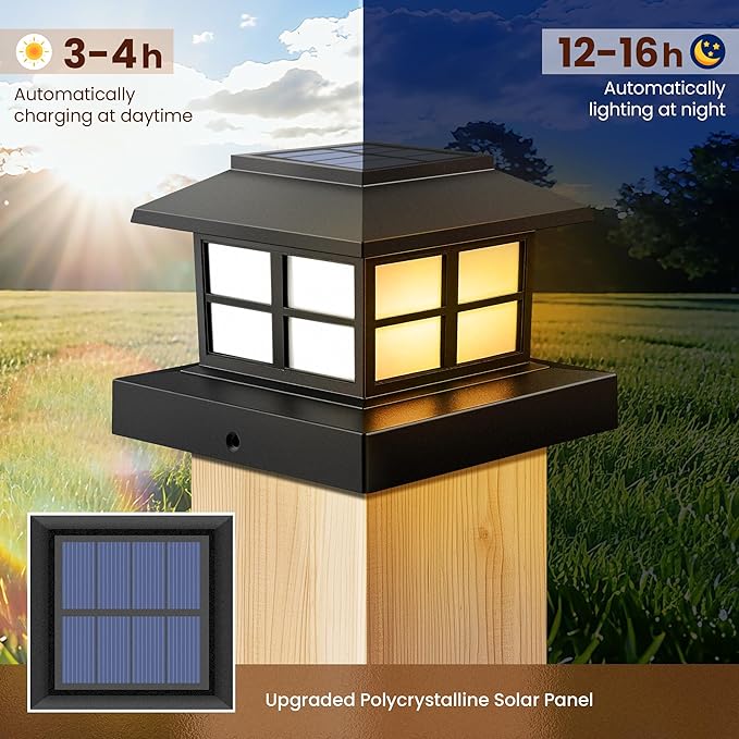 6 Pack Solar Post Cap Lights Outdoor Waterproof Fence Post Solar Lights Fit for 4x4 5x5 6x6 Wooden/Vinyl/Plastic Posts Warm White LED Lighting Decor for Garden Deck Patio