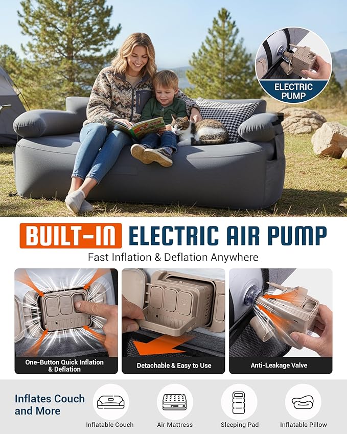 KingCamp Double Camping Inflatable Couch with Built-in Electric Pump 880LB Heavy Duty Outdoor Loveseat Air Sofa 600D Cationic Fabric Dual-Layer 2 Person Inflatable Sofa for Camp Backyard RV Patio