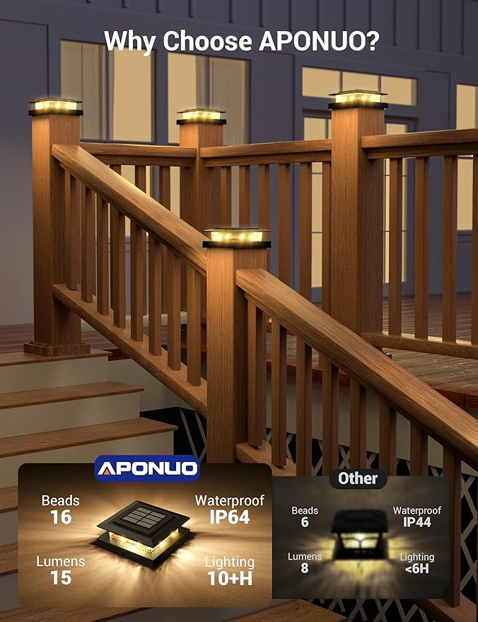 APONUO Solar Post Cap Lights for 4x4 Fence Posts IP64 Waterproof Outdoor LED Deck Lights with 2 Modes (Warm White &amp Cool White) Auto On/Off Dusk to Dawn Easy Install Black 16 Pack