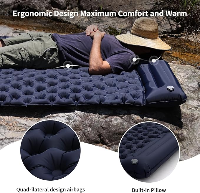 2 Person Inflatable Sleeping Pad for Camping Ultralight Double Camping Mat Air Mattress Foot Pump Durable Waterproof Compact Sleeping Mat for Outdoor Backpacking Hiking Navy