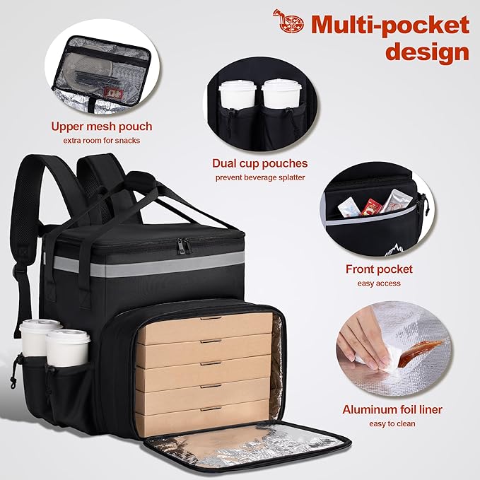 Food Delivery Backpack Insulated Food Delivery Bags for Takeout Bike Large Pizza Takeout Bag for HOT/COLD with 4 Pockets Reflective Perfect for Uber Eats Camping &amp Beach