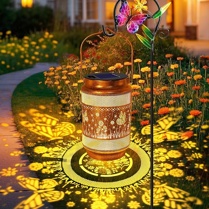Butterfly Solar Lanterns Outdoor Waterproof with Shepherd Hook Birthday Gifts for Women Mom Grandma Metal Solar Hanging Lights Garden Decor for Outside Yard Patio Pathway Backyard Porch