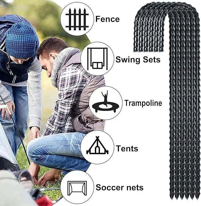 12 Inch Rebar Stakes Heavy Duty J Hook Coated Steel Ground Stakes Tent Stakes Ground Anchors for Chain Link Fence Stakes and Trampoline Stakes (24)