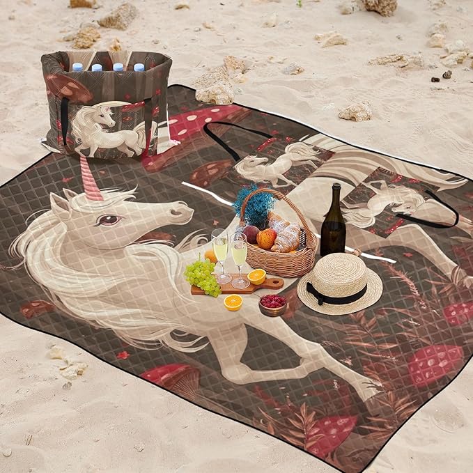 KLL Robust unicorns Burgundy Waterproof Beach Necessities Portable Grass Outdoor Playmat for 8 To 10 Adults Couples Gift mantas para dia de campo