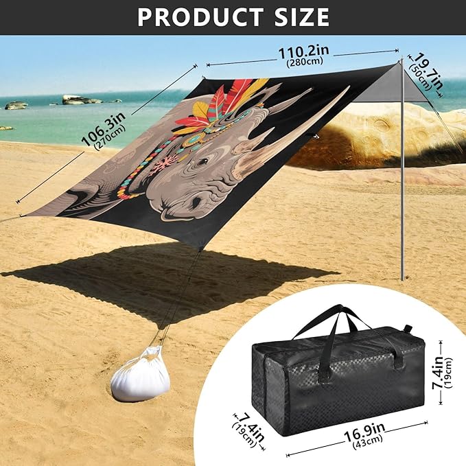 Retro Exquisite Rhinoceros Beach Tent Camping Sun Shelters Portable Outdoor Canopy Sun Shade for Camping Trips Fishing Backyard Fun or Picnics Easy Setup with Carrying Bag