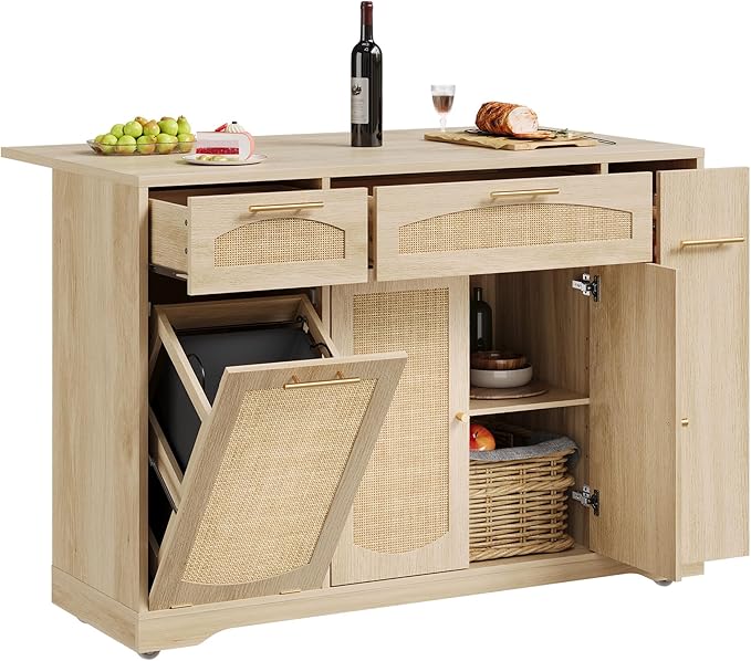 Rolling Kitchen Island Cart with Drop Leaf Tilt-Out Trash Cabinet Storage Drawers Spice Rack Farmhouse Wooden Table Compact Design for Small Spaces 53.1 on Wheels - Wood Color