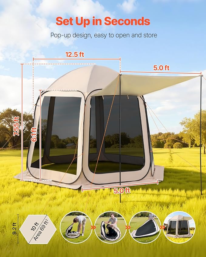 Pop Up Screen House Tent VEVOR 10 x 9.2 FT Pop-Up Screen Room with Awning Portable Screen Tent Gazebo for 4–8 Person Instant Screen Canopy with Carry Bag for Patio Backyard Camping