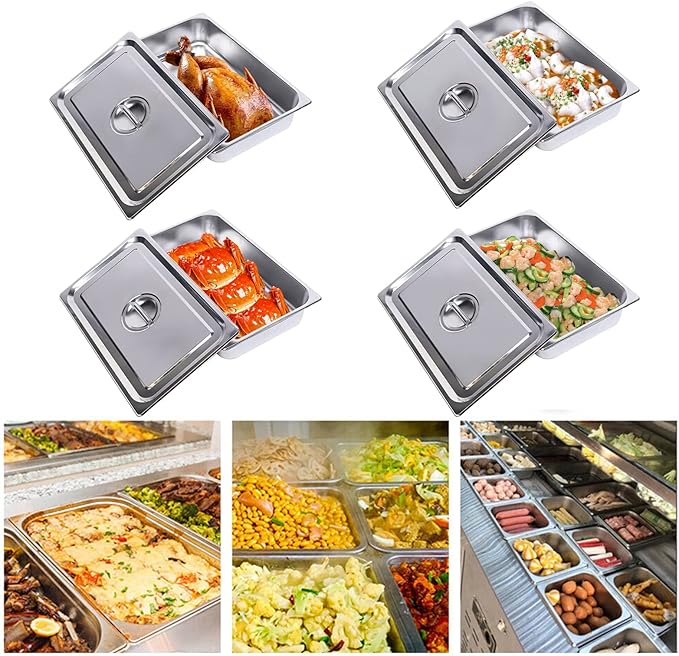 4 Pcs Anti-Jamming Steam Pan with Lids Full-Size x 4-Inch Deep Stainless Steel Steam Table Pan Hotel Pans with Covers Buffet Servers Pan Food Tray Warmer Catering-21.06 * 12.8 * 3.94in