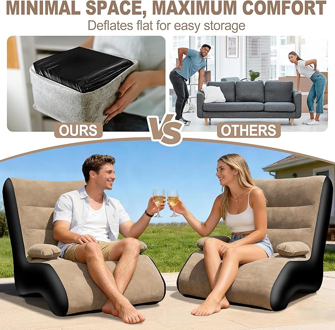 FluSing Inflatable Couch for Camping Blow Up Couch for Adults with Armrest Waterproof Flocked Surface Inflatable Sofa Bed Indoor Portable Inflatable Chairs for Movie Night Air Sofa Outdoor | With