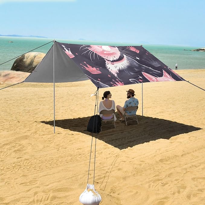ALAZA Cat Kitten Crown Beach Tent Sun Shelter UPF50+ Protection Beach Shade Canopy w/ 4 Sandbags for Outdoor Camping Fishing Backyard Fun Picnic 10x9 ft