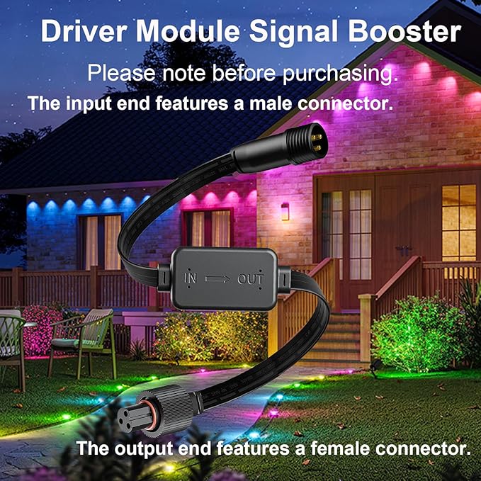Driver Module Signal Booster Compatible with Govee Permanent Outdoor Light Pro Models H706A H706B and H706C Supporting Transmission Distances up to 200 feet. （Male to Female）