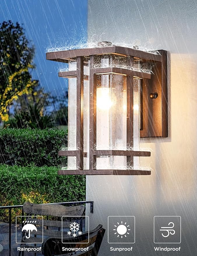 Retro Outdoor Wall Light Oil Rubbed Bronze Outside Wall Lamp with Seeded Glass Shade 10H Exterior Light Fixtures Wall Mount IP65 Waterproof Outdoor Porch House Lighting Exterior Wall Sconces E26