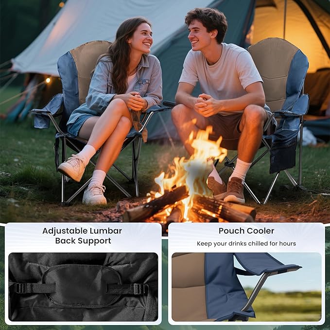 2 Pack Folding Camping Chairs for Adults - High Back Padded Outdoor Lawn Chairs with Lumbar Support &amp Cup Holder 400lbs Heavy Duty Portable Camping Chairs Set (Light Blue &amp Brown 2 PCS)
