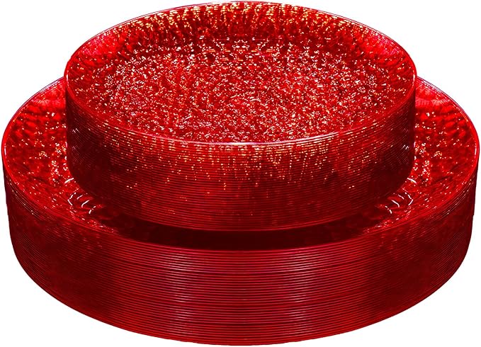 Rubtlamp 60 Pcs Red Plasitc Plates Heavy Duty DisposableClear Red Disposable Plates Hammered Plastic plates Include 30 Dessert Platos 30 Dinner Platos for Party