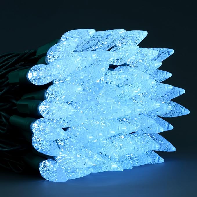 140 Cool White Strawberry One-Piece LED Christmas Lights Pack of 2 Strands 70 Count 36 ft High Waterproof UL Certified C6 Outdoor String Lights (Cool White - Green Cord)