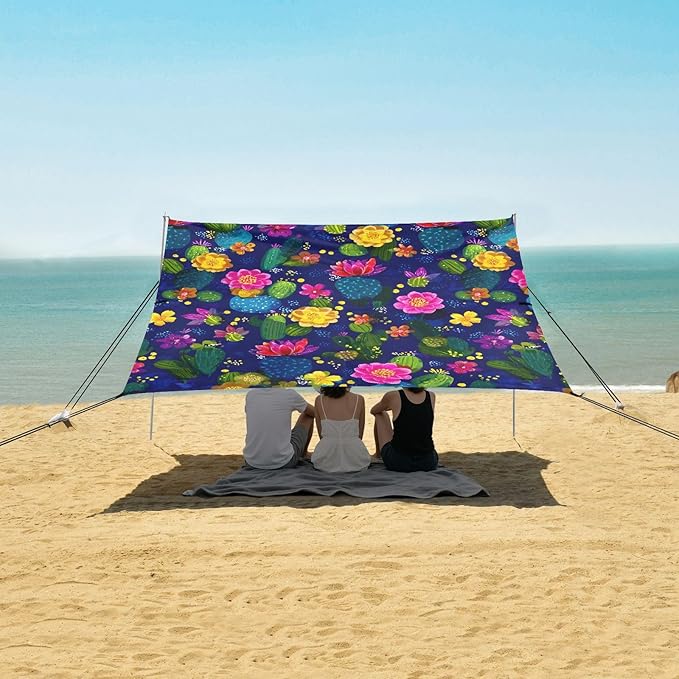 ALAZA Cactus Flowers Cacti Beach Tent Sun Shelter UPF50+ Protection Beach Shade Canopy w/ 4 Sandbags for Outdoor Camping Fishing Backyard Fun Picnic 10x9 ft