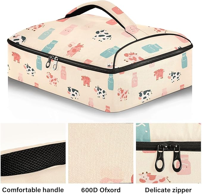 Casserole Carrier Cute Cow and Milk BottleInsulated Casserole Carrier for Hot or Cold Food Thermal Lunch Tote for Potluck Parties Picnic Beach Fits 9 x 13 Inches Baking Dish