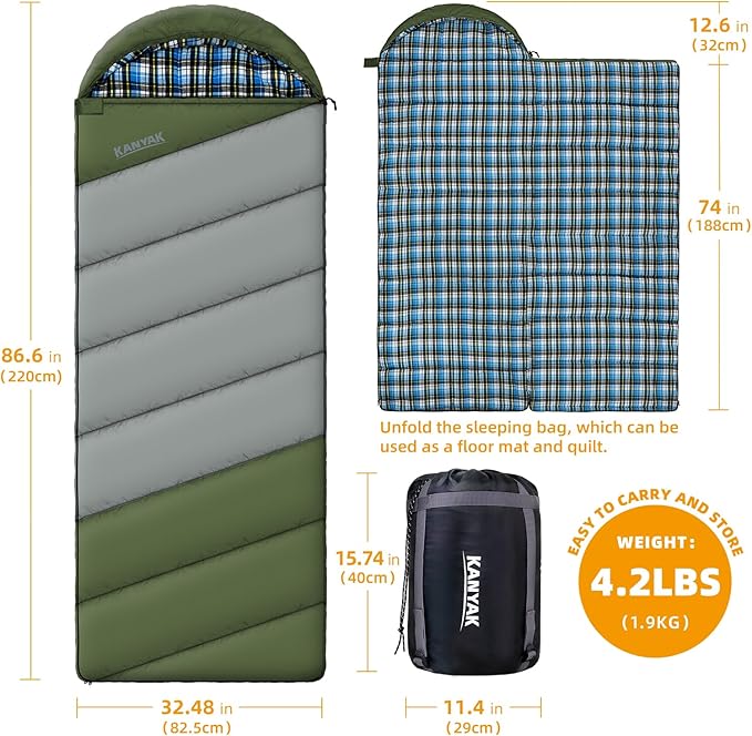 Cotton Flannel Lined Sleeping Bag for Adults Teens Kids Cold Weather &amp Warm 3 Seasons Lightweight Compact Camping Essentials Equipment Hiking Outdoor Travel
