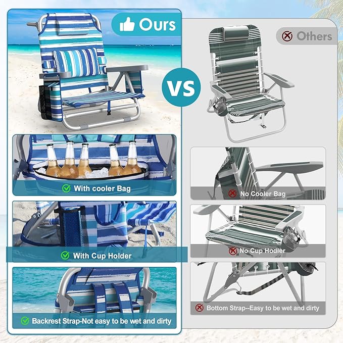 Suteck Beach Chair Adjustable 5-Position Backpack Beach Chairs for Adults Kids Foldable Lay Flat Chair with Cooler Bag Cup Holder and Lumbar Pillow Reclining Lay Down Chairs for Lawn Outdoor