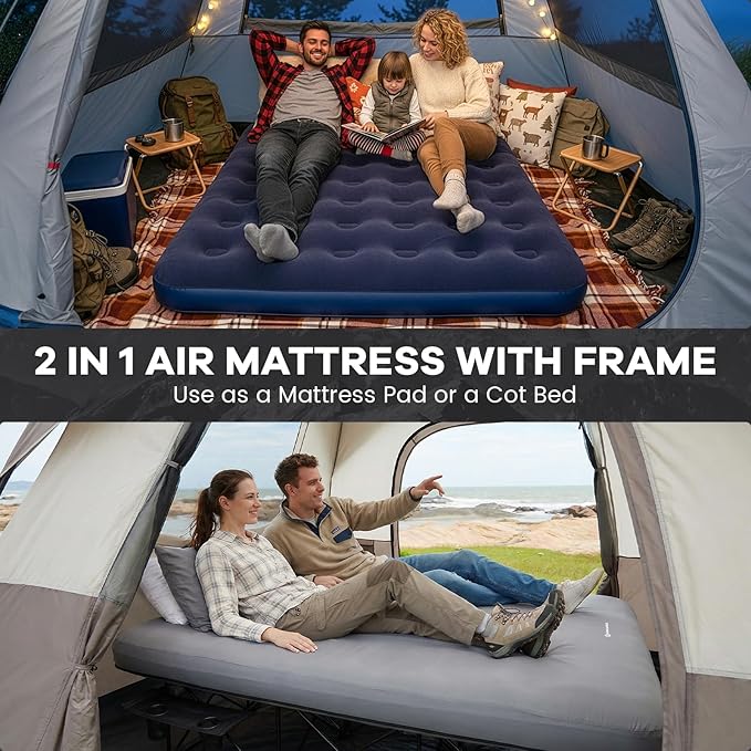 FUNDANGO Queen Camping Cot with Electric Pump 2 Person Inflatable Air Mattress with Folding Frame Portable Camping Bed with Cup Holders &amp Removable Cover for Adults Home Guest Carry Bag Includ