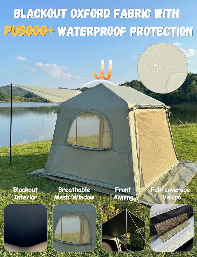 Inflatable Tents for Camping - Blackout Interior for Better Sleep Blow Up Tent with Hand Pump &amp Awning Quick Setup Waterproof Oxford Air Glamping Inflatable House for Camping Tent 4 Person