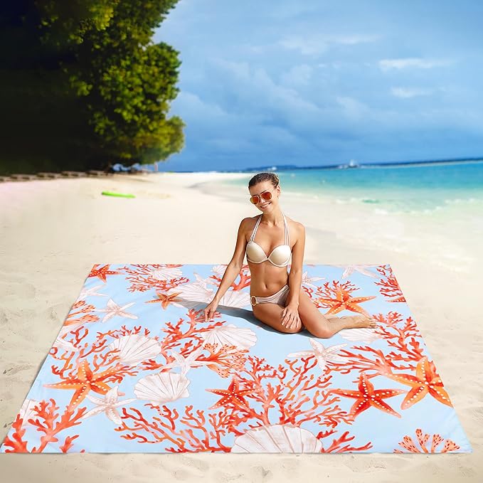 Beach Blanket Waterproof Sandproof 9 Ft X 10 Ft Extra Large Sand Free Beach Mat Big Compact Lightweight Quick Drying Picnic Blanket with 4 Stakes &amp Pockets for Camping Travel Hiking