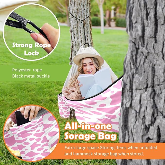 Outdoor Camping Hammock Cute Pink Cow Print Double Single Hammocks with 2 Tree Straps Lightweight Portable Heavy Duty Nylon Hammocks for Backpacking Travel Beach Backyard Patio Hiking