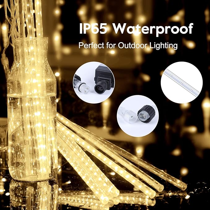 Brightown Meteor Shower Lights Outdoor 16 Inches 16 Tubes 576 LED Icicle Lights Waterproof Meteor Christmas Light Outdoor Hanging Falling Rain Light for Tree Holiday Party Christmas Warm White
