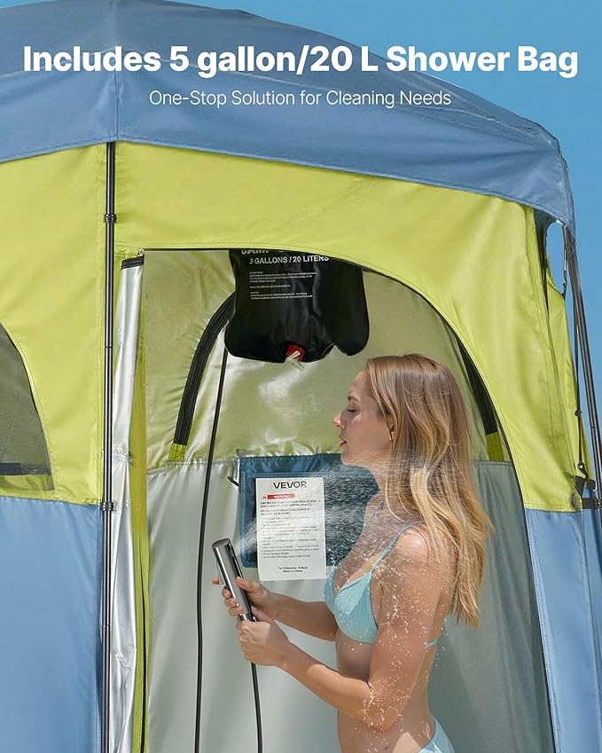 VEVOR Camping Shower Tent 2-Room Portable Privacy Tent Changing Room with Shower Bag Ground Stakes Ropes Carry Bag and Support Poles 150D Oxford Fabric with Silver Coating for Camping Fishing
